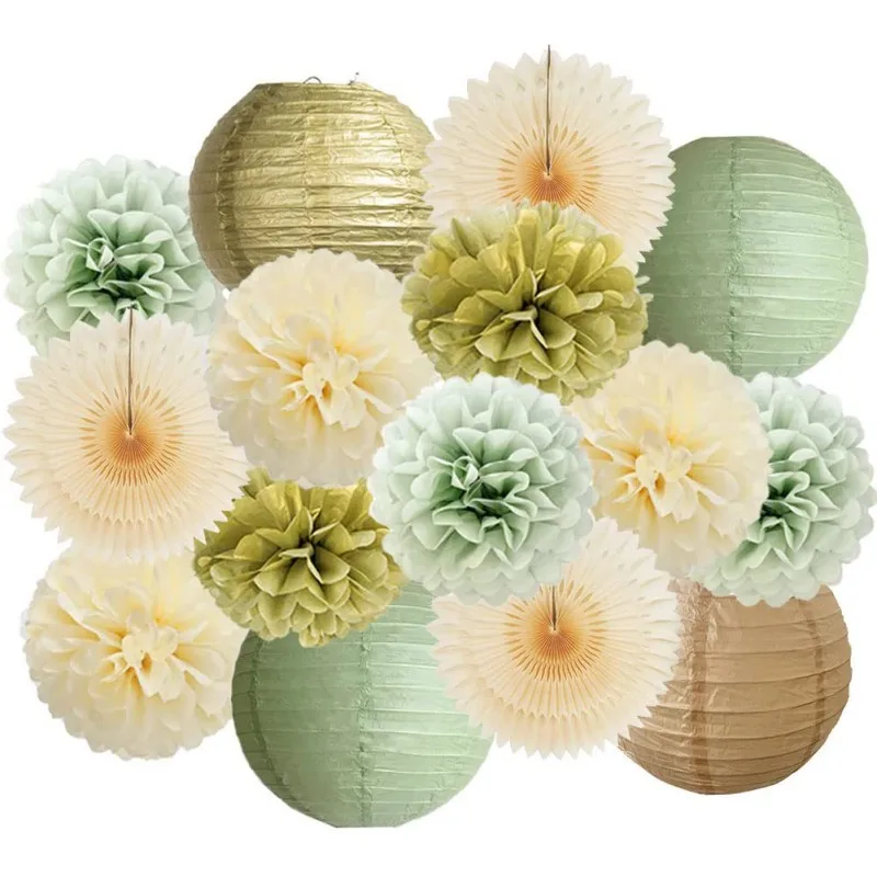 Baby Boy Girl 1st Birthday Party Favor Peach Pink Set Round Paper Ball Lantern Folding Baptism Wedding Decor Sage Green Pompom