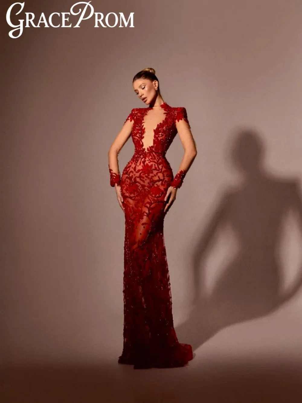 

Изысканное вечернее платье с красной вышивкой и бисером, с высоким воротником-иллюзией, для свадеб и торжеств, прямое, на заказ, для выпускного вечера