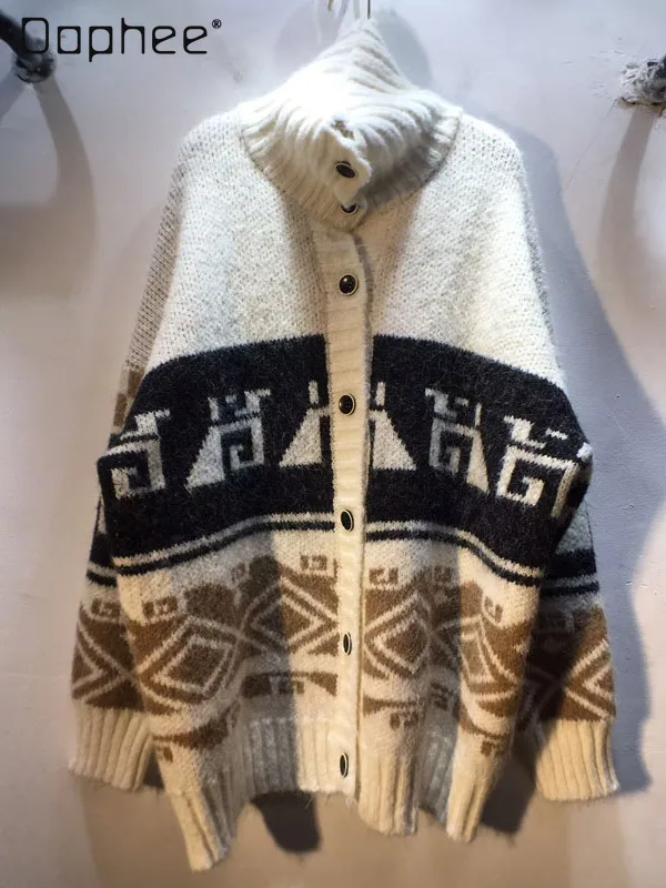 

2025 Autumn Winter New Vintage Diamond Jacquard High Neck Loose Slimming Mid-Length Sweater Cardigan Coat Sweaters for Women