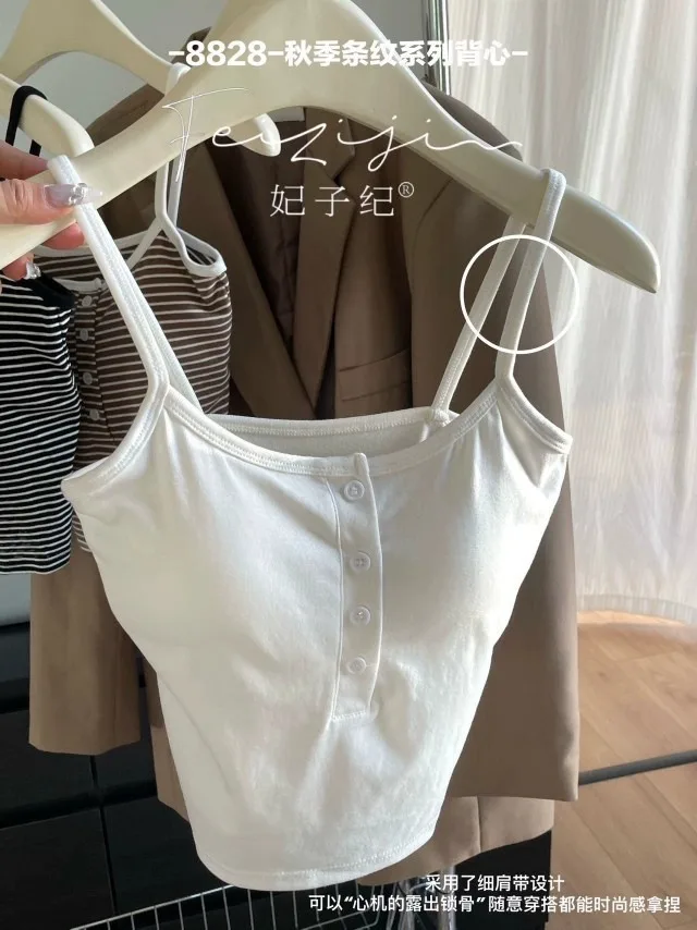 Integrated Stripe Women's Vest Inner Wear Outer Wear Button Fixed Cup No Bra Sports Top Short Style Cotton 100% Short Vest