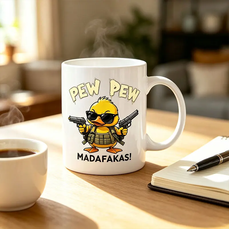 A 11-Ounce Ceramic Coffee Mug Featuring a Fun Duck Design with Humorous Illustrations, Written on It Are 