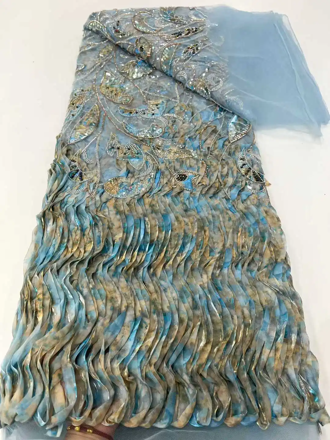 

Luxury 3D African Heavy Beads Lace Fabric High Quality 5 Yards Nigerian Sequins French Tulle Fabric Material For Wedding Party