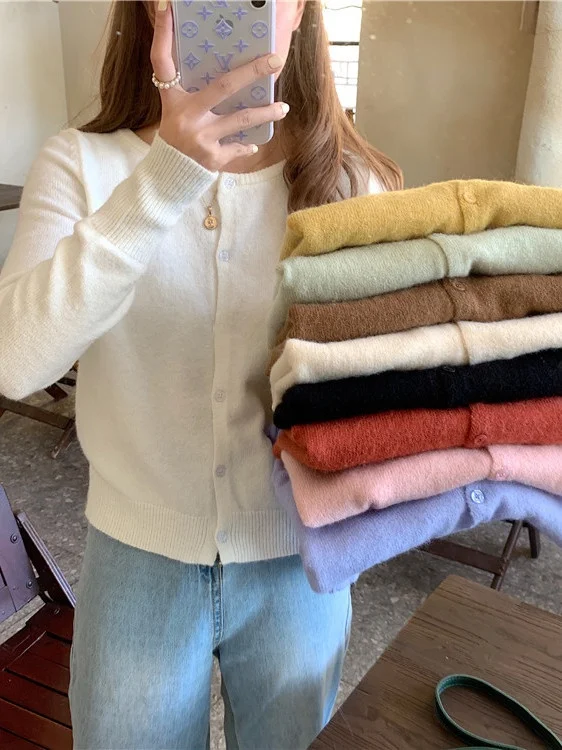

White Knitted Open Cardigan Women's Early Autumn New round Neck Sweater Loose Base Layer Korean Style Top Inner Wear