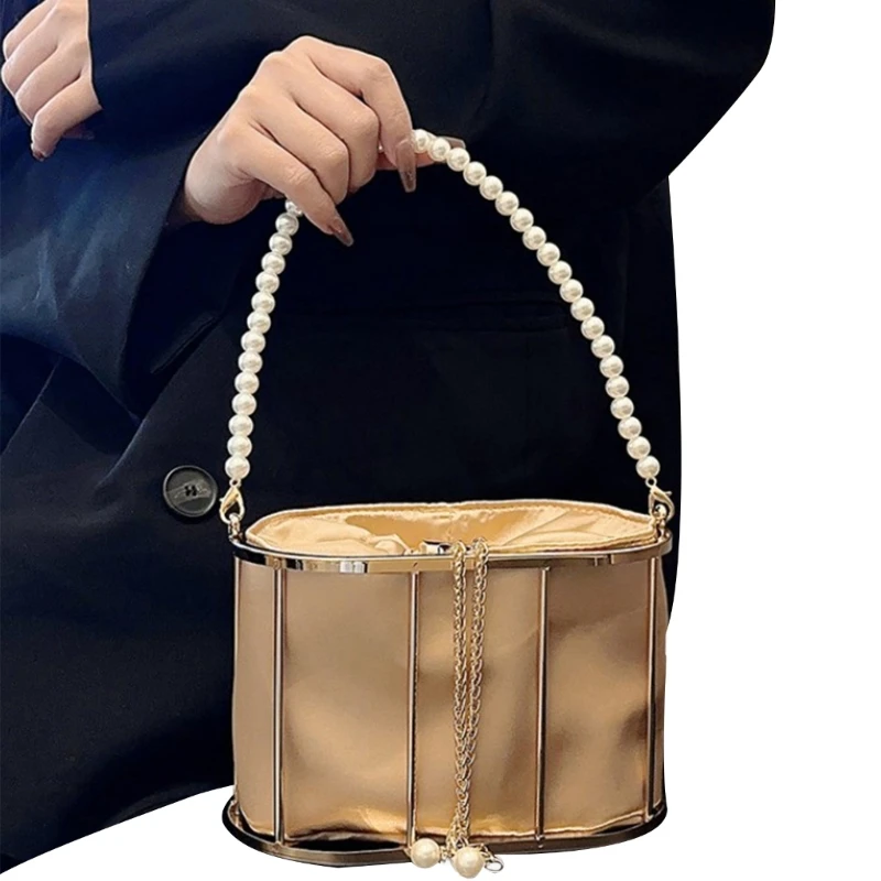 Trendy Metal Basket Party Purses Elegant Handbag Beads Strap Embellished for Weddings and Special Occasions