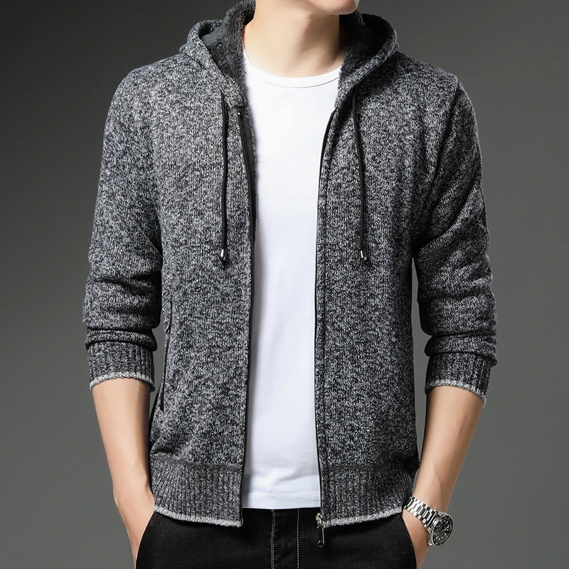 Mens Euro Hooded Cardigan Heavyweight Fleece Lined Knit Sweater Warm Winter Jacket
