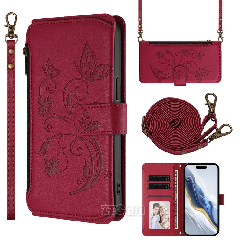 

Butterfly Flowers Zipper Wallet For Xiaomi Redmi Note 13 Pro Plus 14 Pro+ 12S 12T 11E 11S Case Leather Stand Card Slots Lanyard