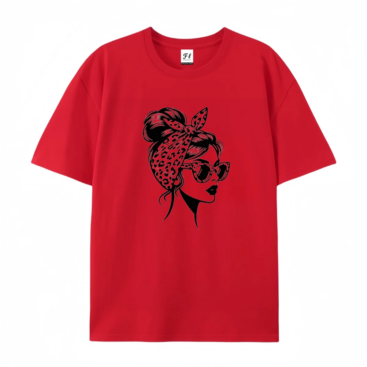 Women Retro Messy Bun Girl With Leopard Bandana Sunglasses Print Long Sleeve T Shirt Vintage Graphic Casual Ladies Basic Tops