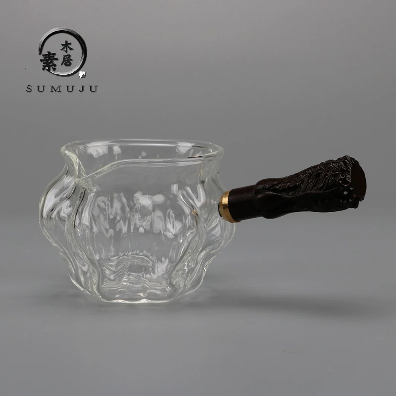 

Heat Resistant Glass Gongfu Tea Set Black Ebony Side Handle High Borosilicate Tea Pouring Cup Walnut Pattern Public Cup