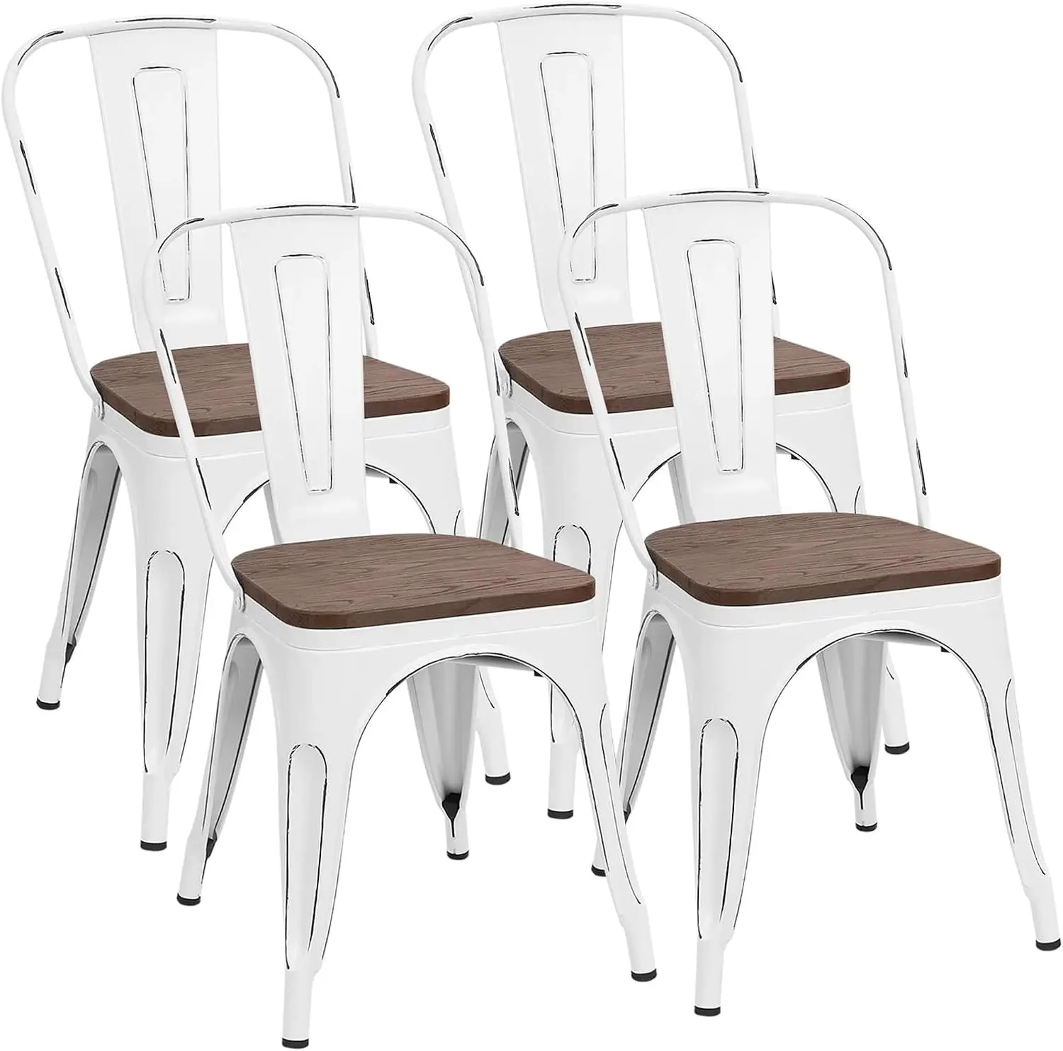 Metal Dining Chairs With Wood Seat Indoor Outdoor Use Stackable Chic Dining Bistro Cafe Side Metal Chairs Set Of Four White