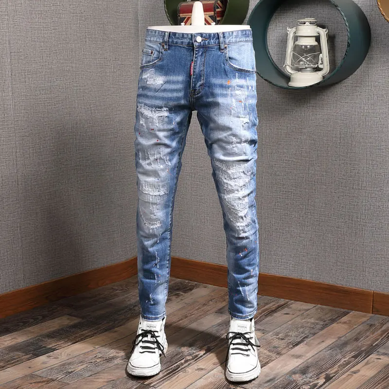 

Streetwear Fashion Men Designer Men Jeans Retro Light Blue Elastic Stretch Slim Fit Ripped Jeans Men Korean Vintage Denim Pants