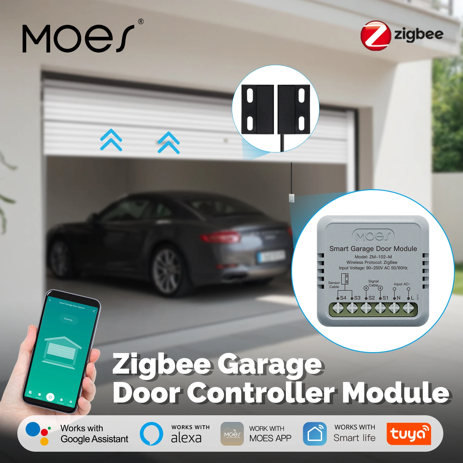 

MOES Zigbee Garage Door Controller Module, Works with Tuya/Smart Life, Alexa & Google Home Voice Control, Smart App Remote