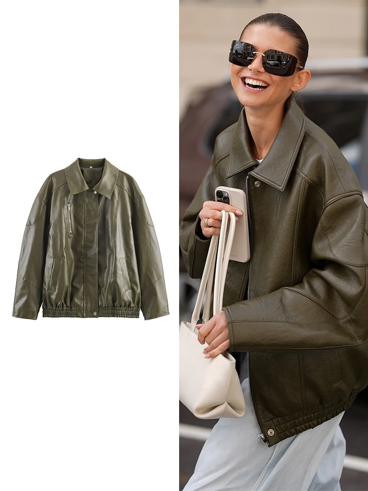 

Winter New Women Pu Leather Jacket Leisure Lapel Long Sleeve Zipper Oversize Bomber Jackets Chic Female High Street Outerwear