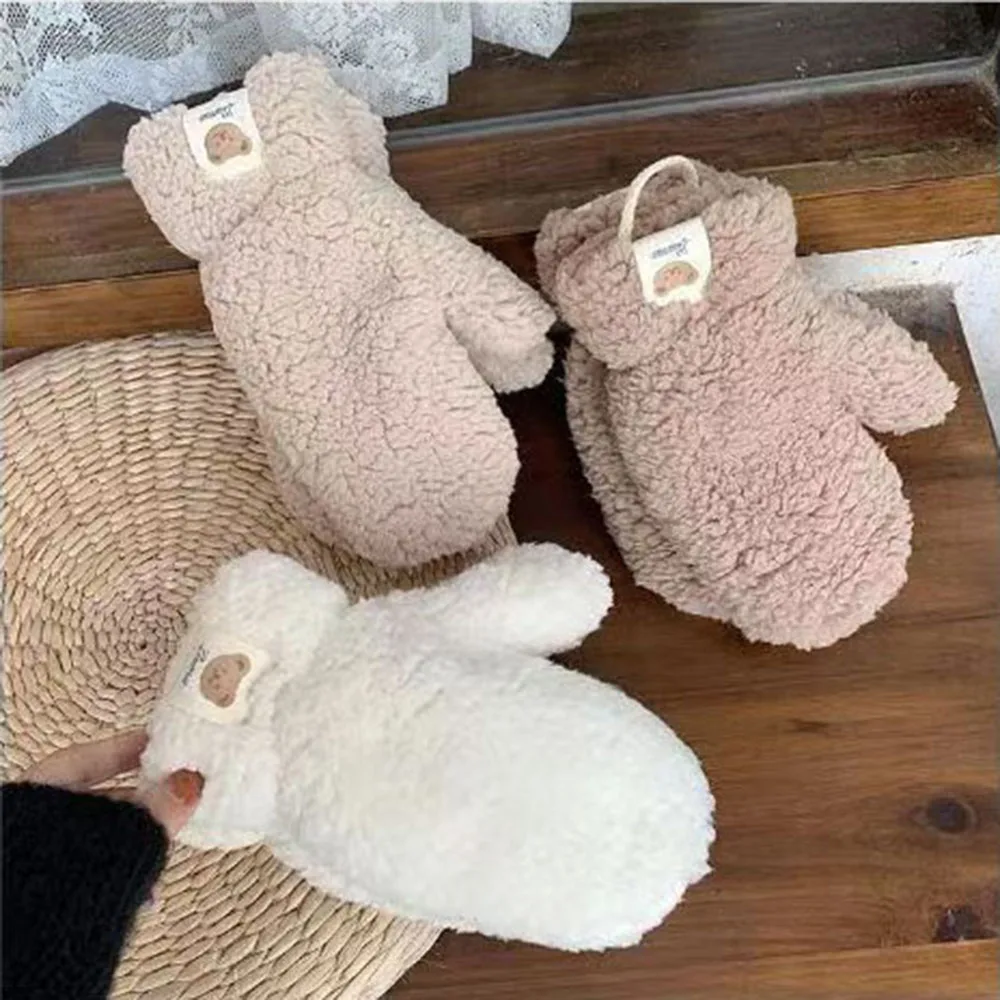 Cartoon Bear Women Mittens Winter Warm Cashmere Gloves Imitation Lamb Fur Thickening Warm Full Finger Gloves Handschoen Guantes