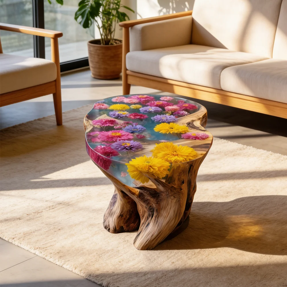 mnCustom Handmade Luxury Natural Live Edge Wood Root Epoxy Resin Floral Coffee Table Modern Art Dried Flower Tea Desk Furniture*