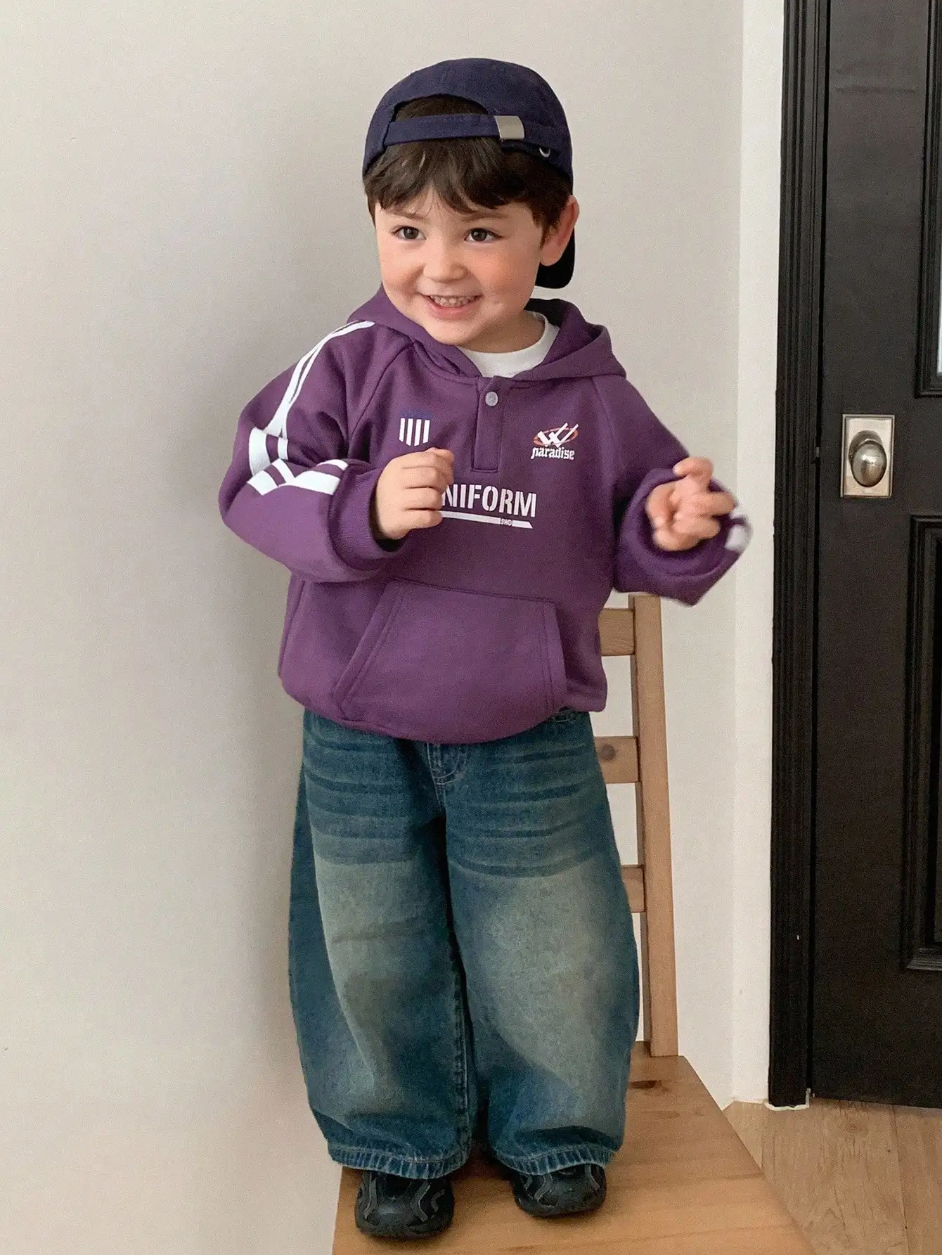 

Purple Hooded Sweatshirt with Side Stripes and Graphic Print for Toddlers