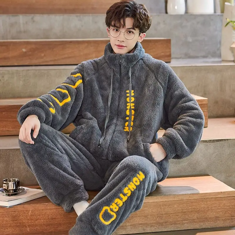 Men's Sleepwear Coral Velvet  Winter Thickened with Velvet Plus Size Zipper Youth Winter Men's Homewear Set Can Be Worn Outside