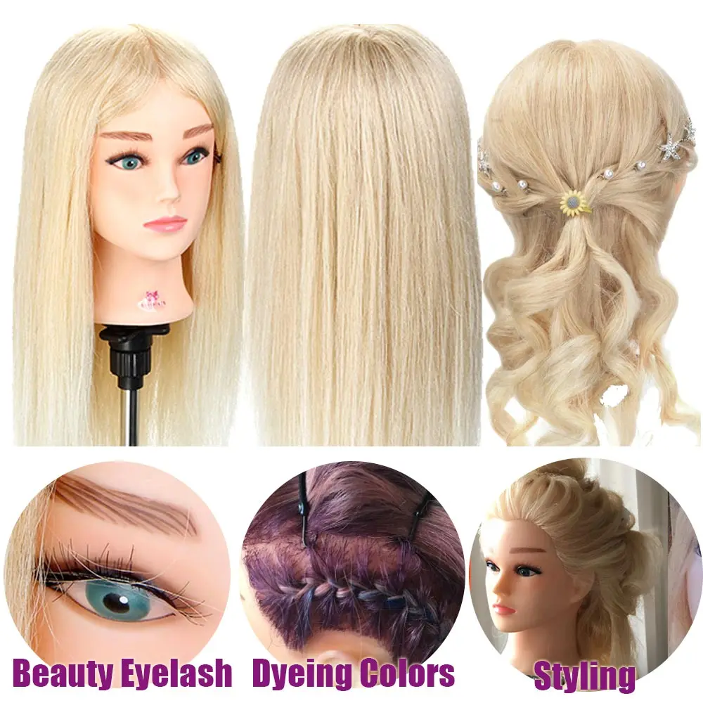 Hairstyles Hairdressing Mannequin Head With 100% Real Hair Hairdresser Curling Dyeing Practice Training Head With Tripod 160cm