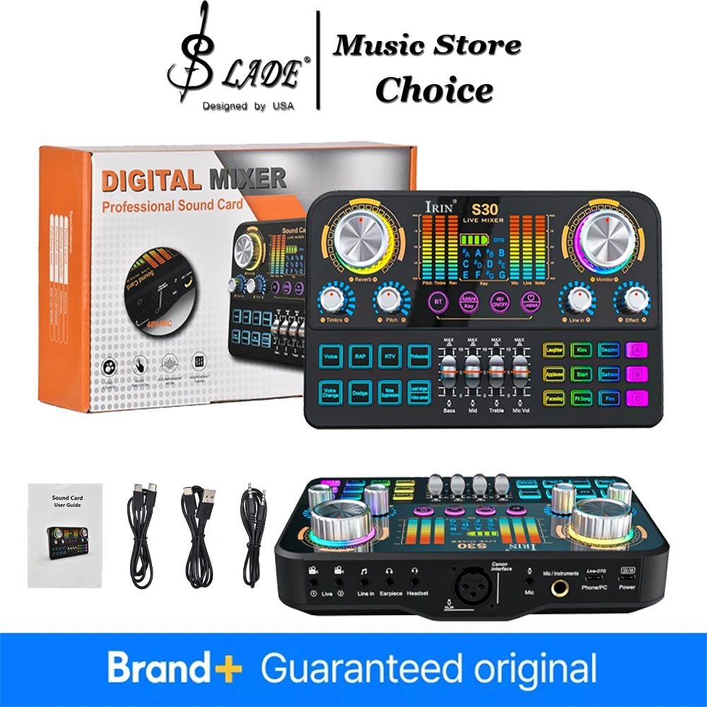 Sound Card Audio Mixer S30 with DJ Mixer Effects Voice Changer Bluetooth Sound Card for PC Phone Streaming Podcast Recording