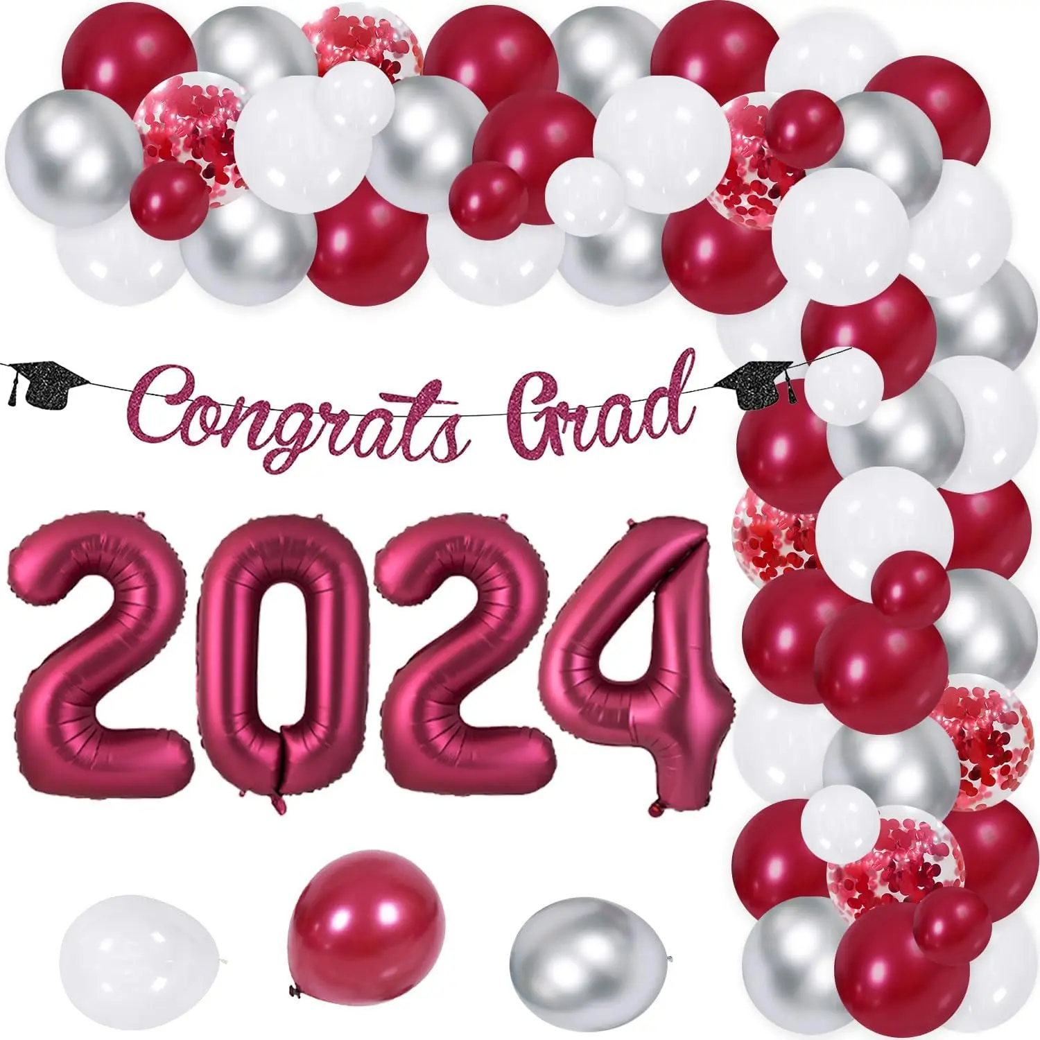 

81Pcs Congrats Grad Decorations - Red Balloon Garland Arch Kit Grad Bachelor Cap Shape Banner 2024 Foil Balloon Grad Celebration