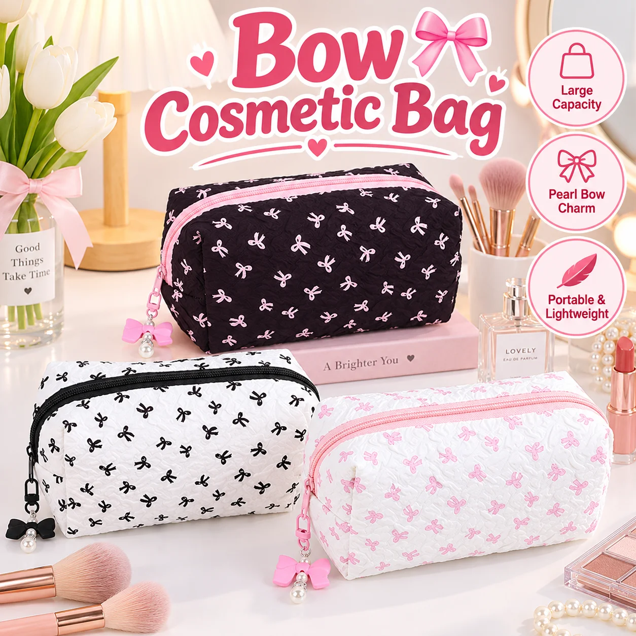 Bowknot Makeup Bag, Quilted, Lightweight And Soft, A Cosmetics Storage And Organizer Bag, Suitable For Travel And Daily Use