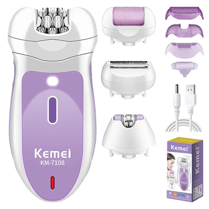 KEMEI KM-7108 4 In 1 Electric Hair Epilator Portable Face Hair Removal Cordless Rechargeable Epilator For Women