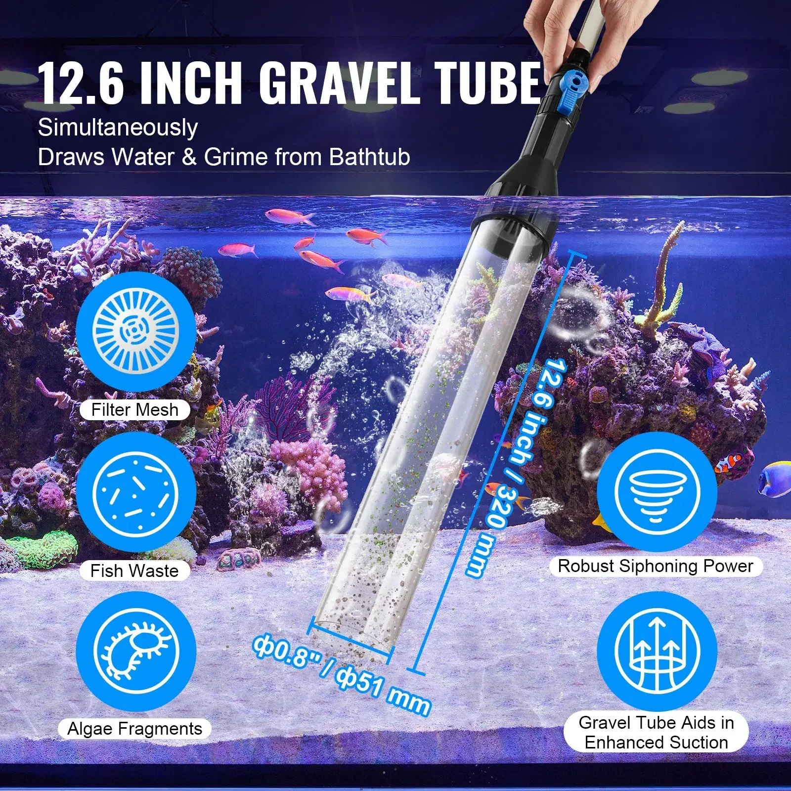 VEVOR Aquarium Vacuum Gravel Cleaner, 25ft PVC Siphon Fish Tank 3 Types Brass Adapters for Fish Tank Cleaning Gravel and Sand