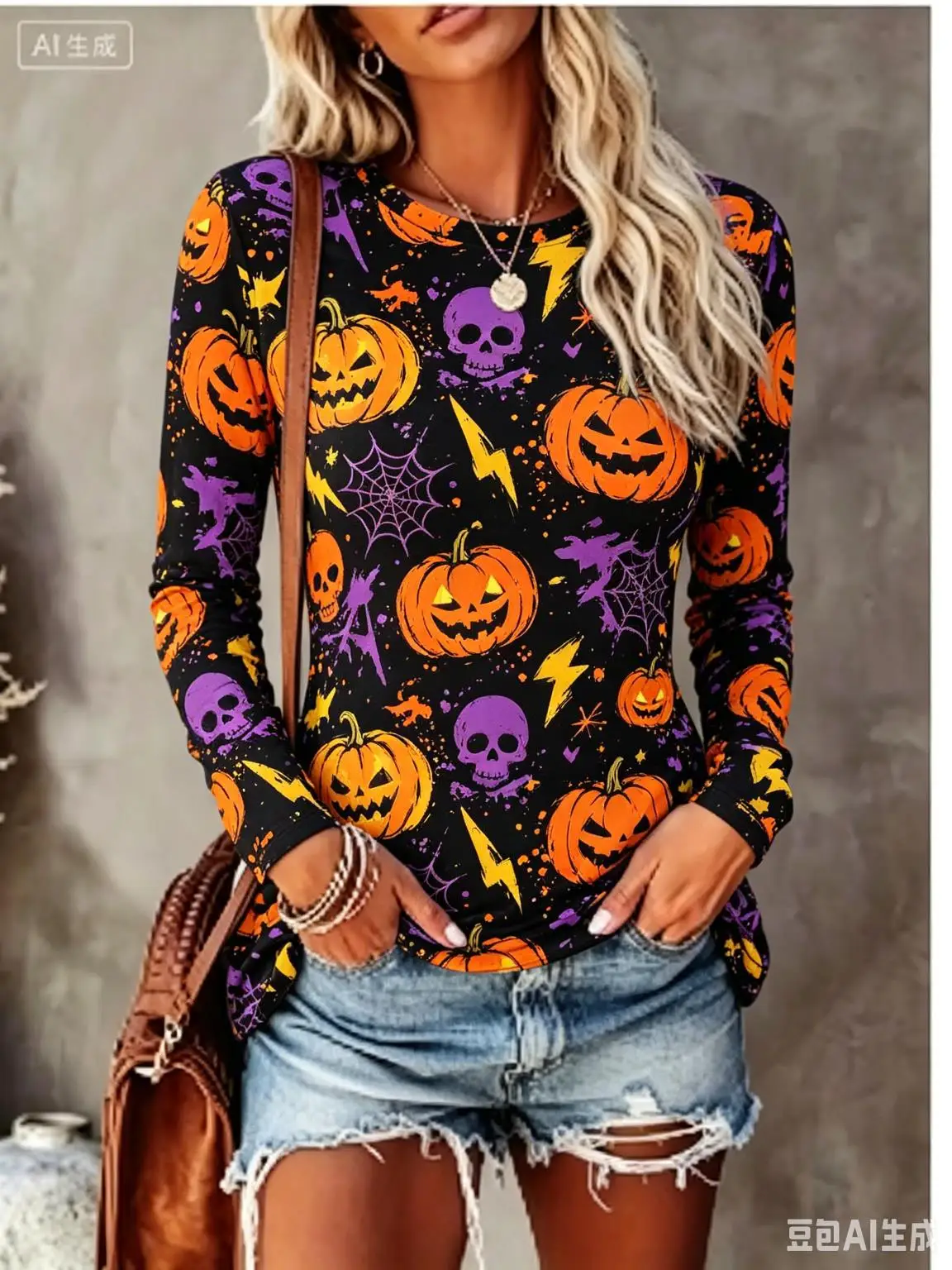 Women Halloween Long Sleeve T‑Shirt Pumpkin Skull Spider Web Print Casual Crew Neck Fall Tee Tops