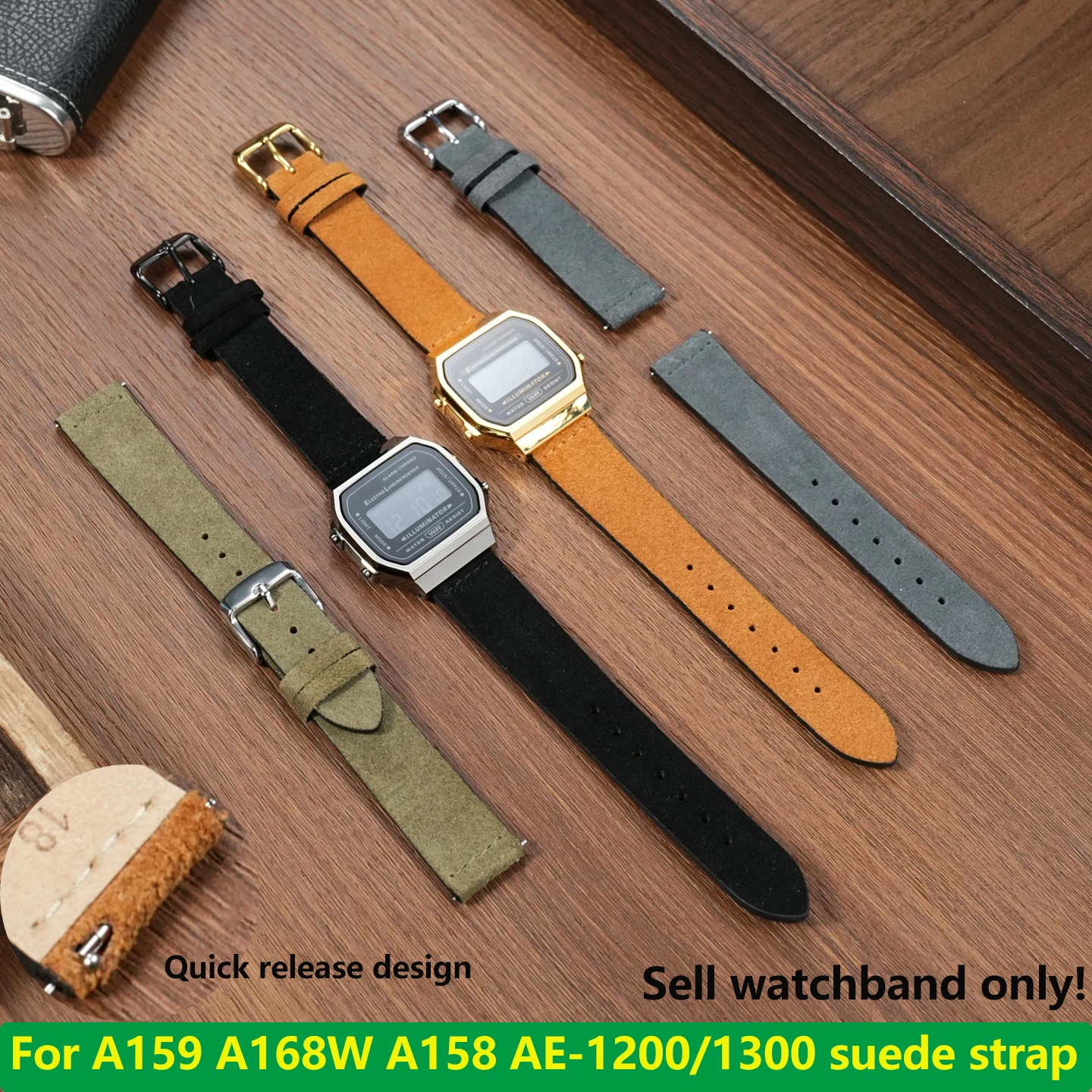 카시오 작은 사각형 A168W A159 A158 AE-1200/1300/1500 용 18mm 새 스웨이드 시계 밴드 퀵 릴리스 스트랩 소프트 스포츠 남성용 팔찌