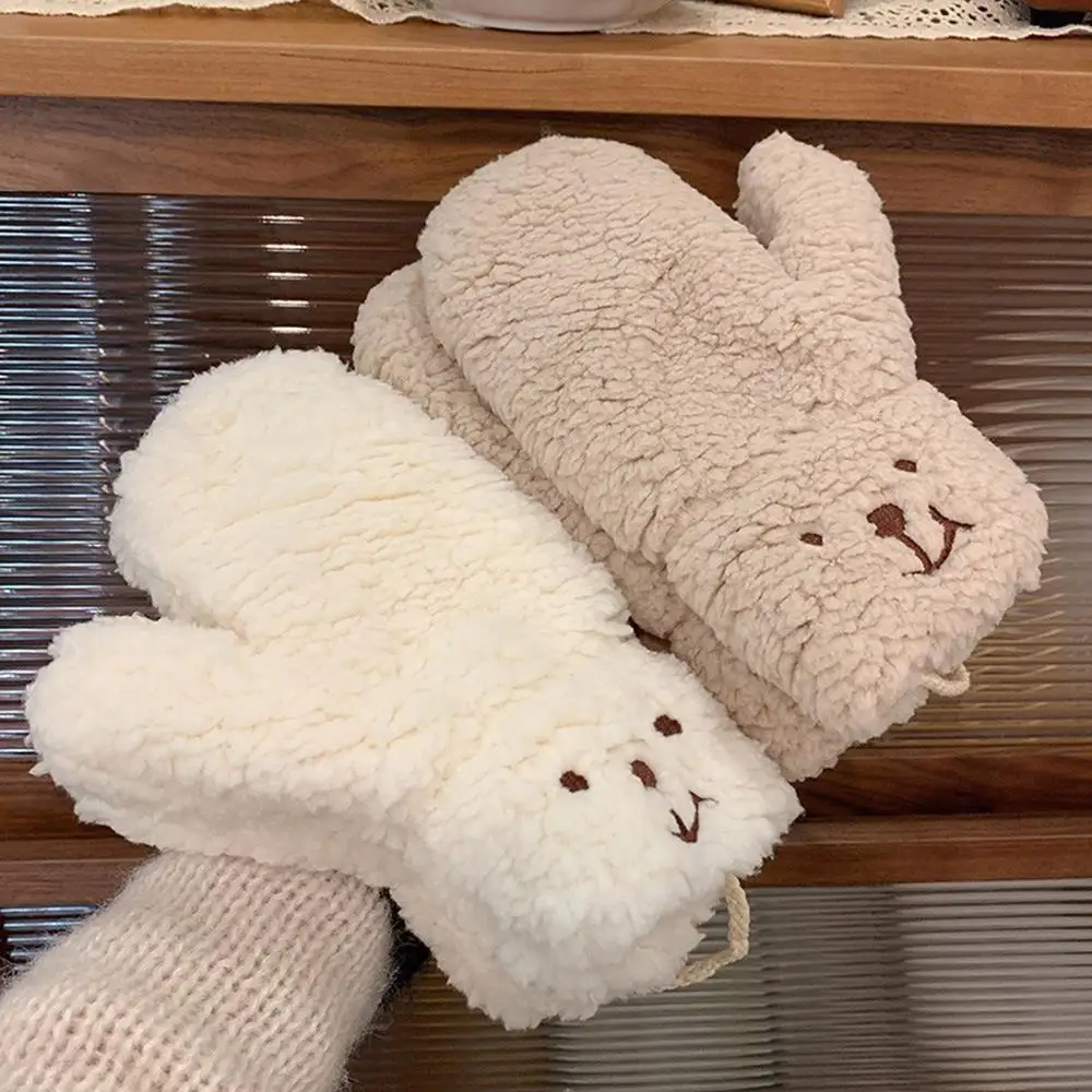 

Plush Warm Gloves Soft Winter Thick Fingerless Korean Japanese Bear Gloves With Ropes Casual Outdoor Riding Women Mittens