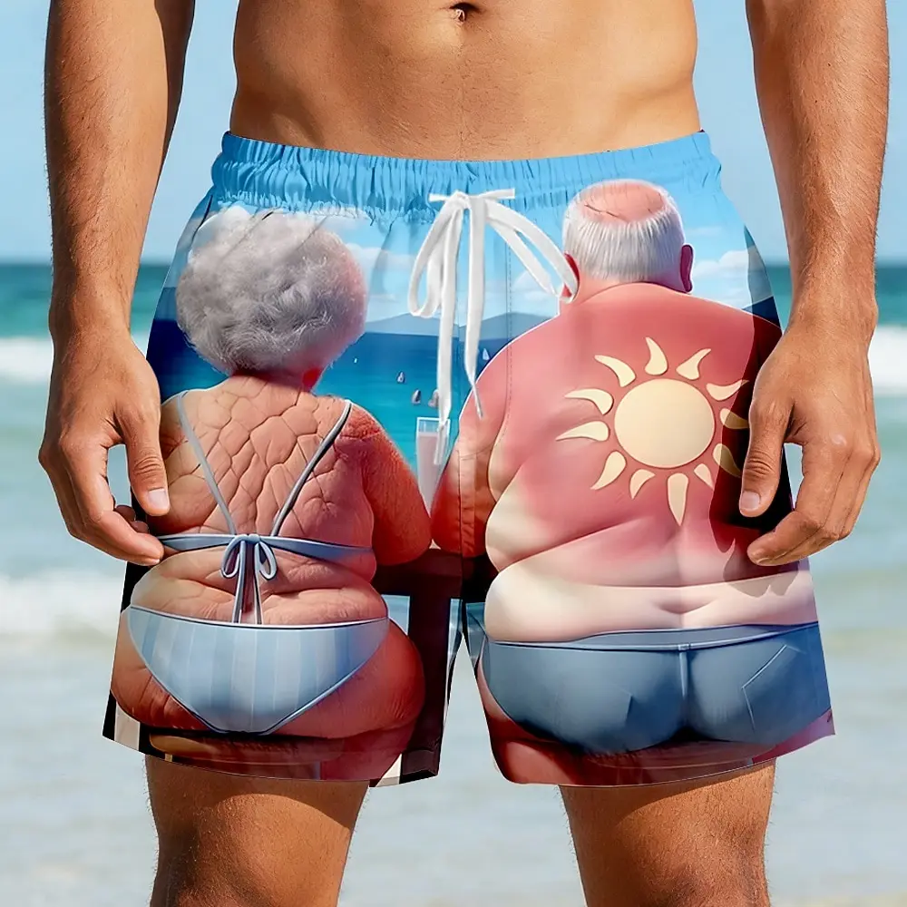 

Men's Cartoon Wife & Husband Print Beach Shorts, Mid Waist Board Shorts, Elastic Drawstring, Funny Vacation Wear