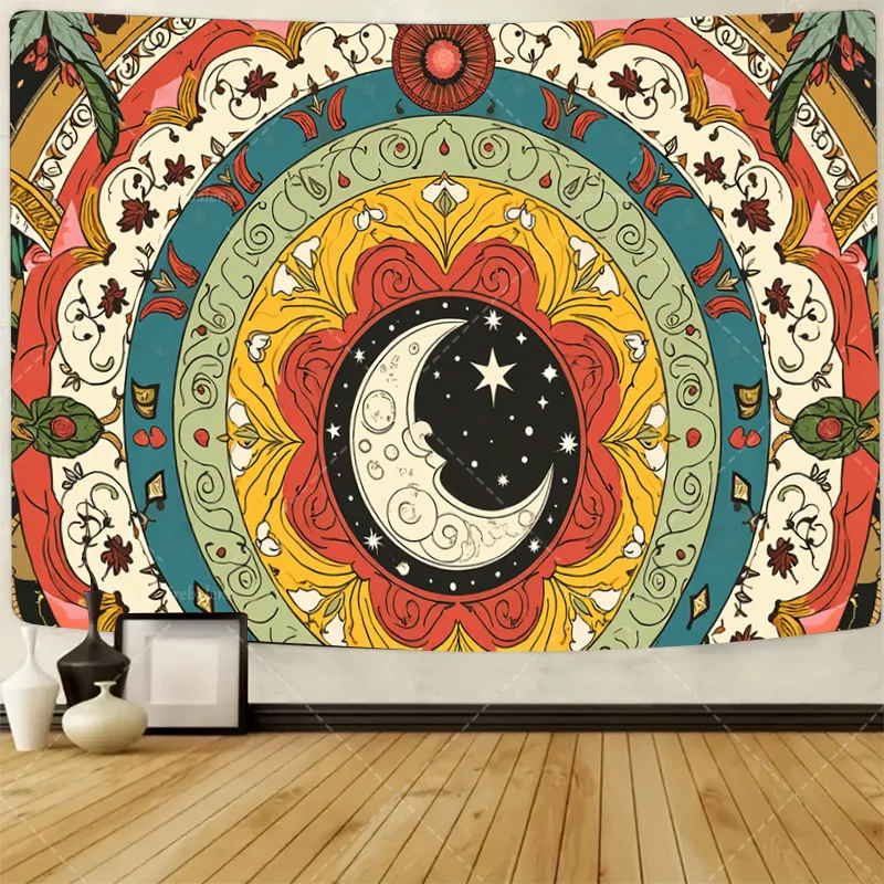 

1pc Wall Tapestry Boho Mandala Tapestry with Crescent Moon and Stars for Bohemian Room Decor