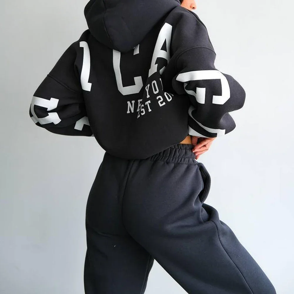 レディースセット オールシーズン シンプル 上品 長袖 ラウンドネック ナチュラルウエスト フルレングス レタープリント フード付き スポーティ レディースセット