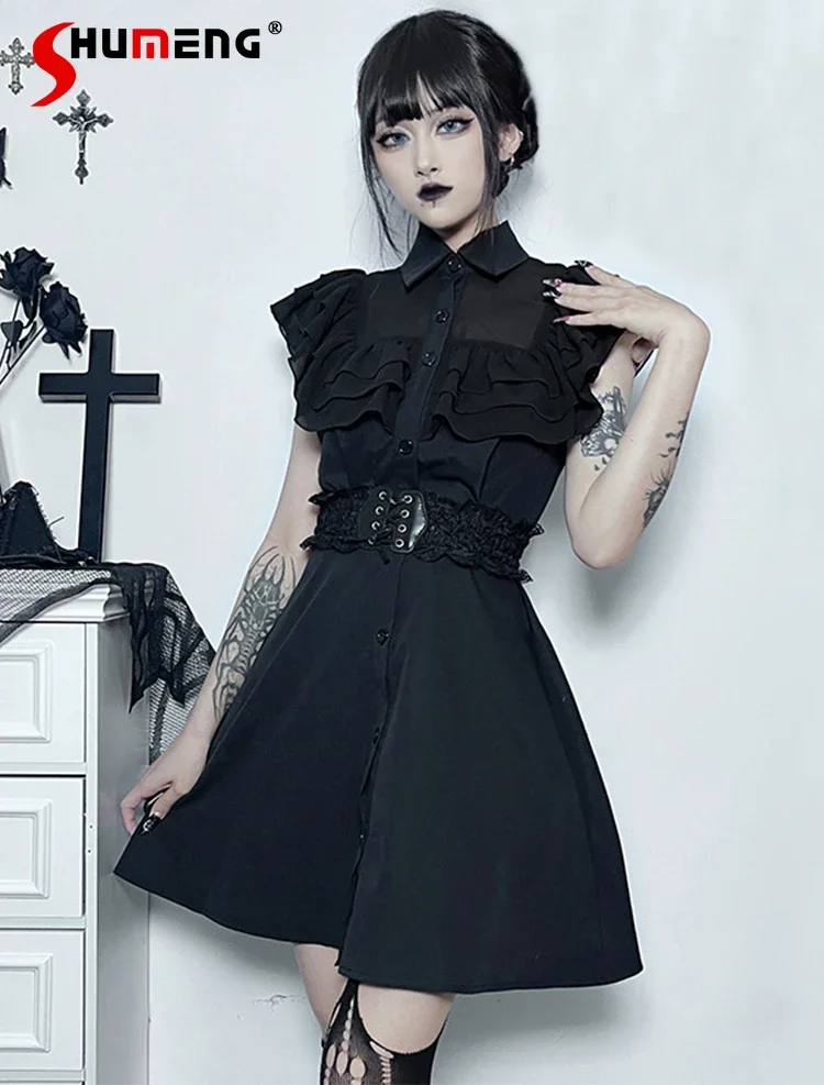 

Dark Gothic Ruffles Waist Slim-Fit Elegant Black Dress Hot Girl Streetwear Fashion Sleeveless A-Line Dress Female Summer Dress