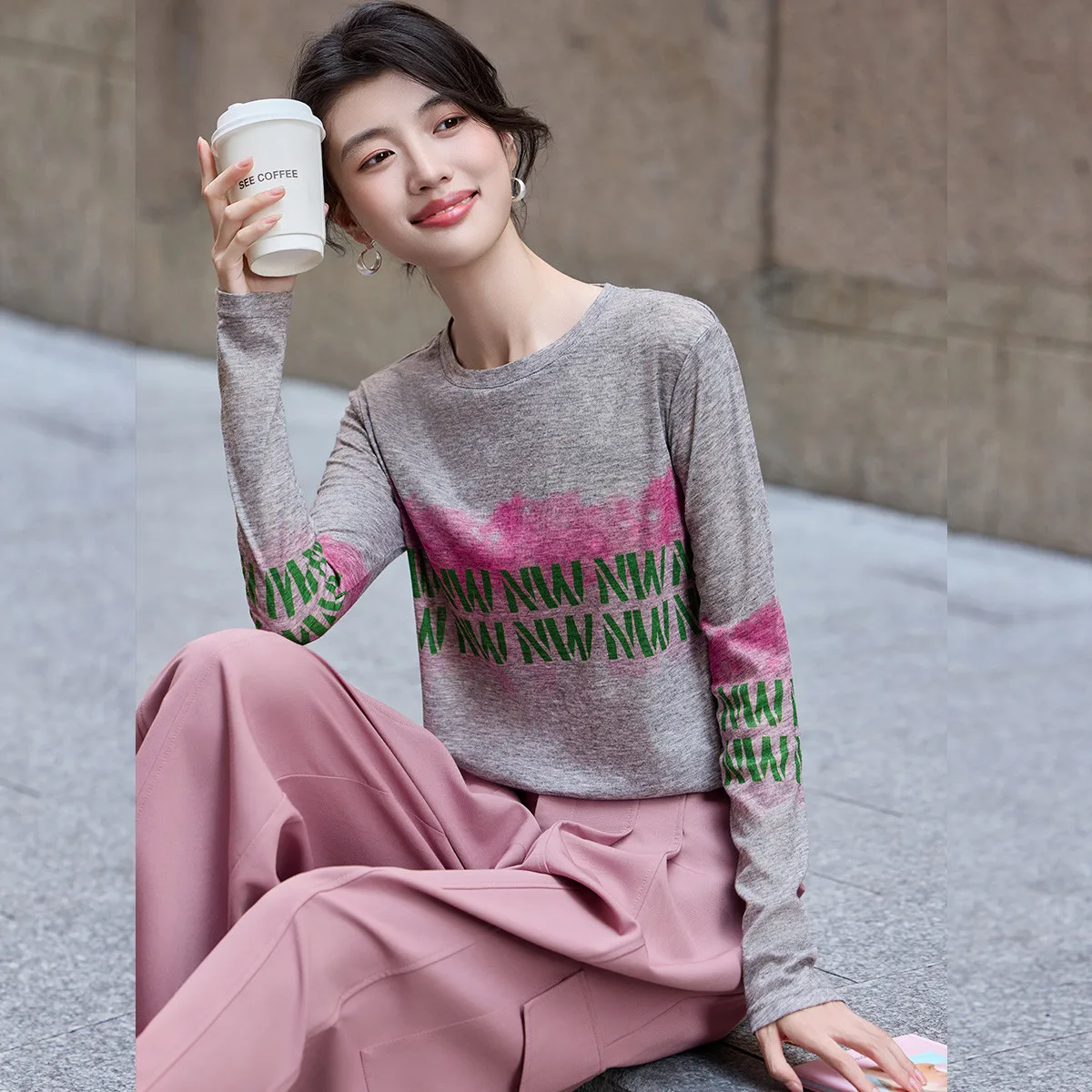 LOUISYAO Printed Letter Women's Long Sleeve T-Shirt 2026 Spring/Autumn Top Contrast Colours Casual Pullover Premium T-Shirts