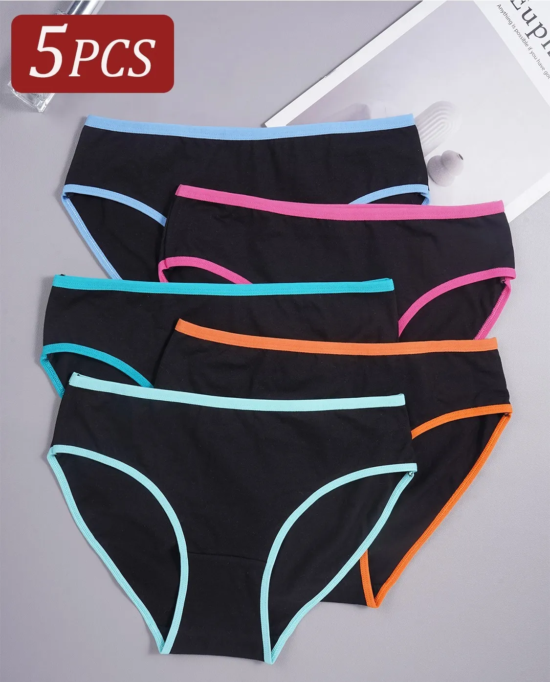 5PCS Women's Underpants Simple Black Patchwork Color Panties Soft Comfortable Underwear Briefs Fashion Girls Daily Wear Lingerie