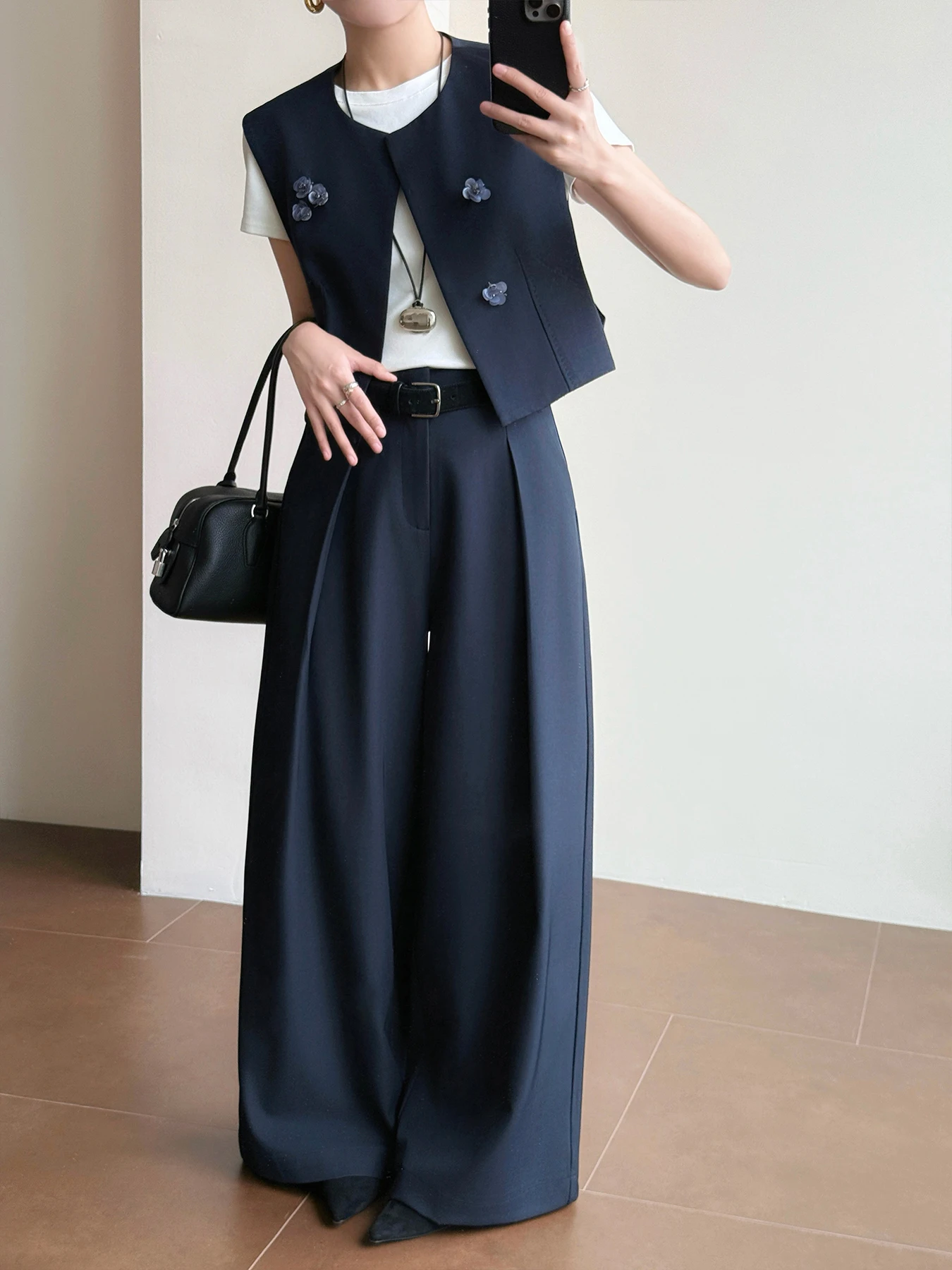 

Tasyavan mat Handmade Beaded Flower round Ne Vest Top with Wide Leg Pants Set High Waist Long Pants ort Sve