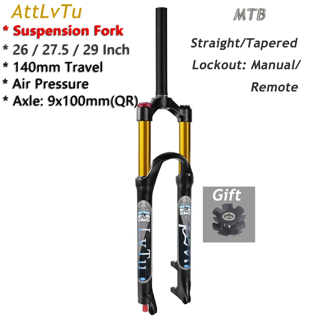 

AttLvTu-Bicycle Air Suspension Fork, MTB 26, 27.5, 29 Inch Travel 140mm, Rebound Adjust, 1-1/8 "Straight or Tapered Tube, QR 9mm