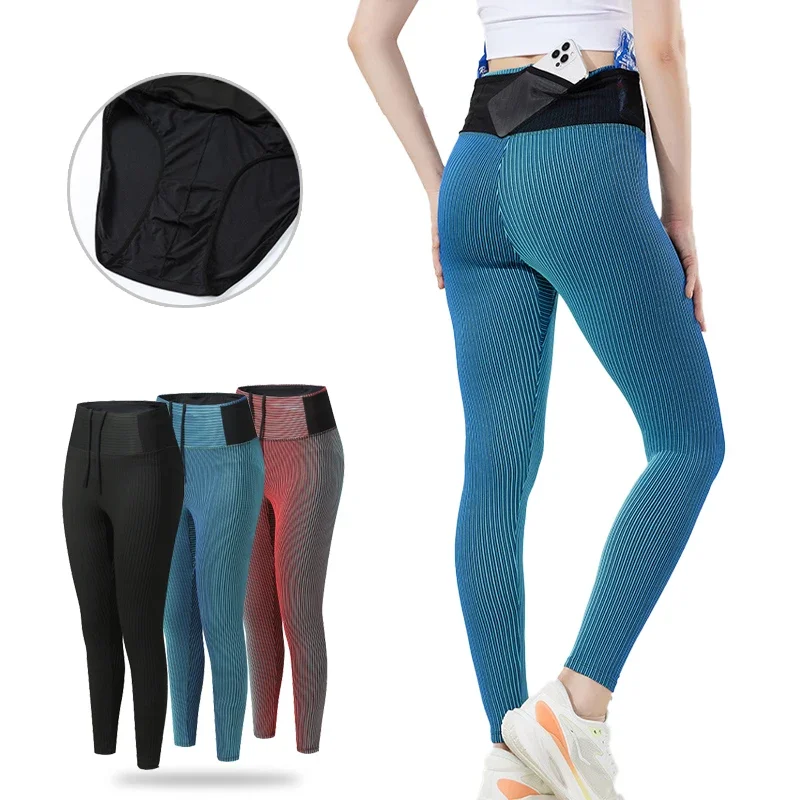 Women Striped Compression Tights Marathon Running Yoga Leggings with Mesh Pocket