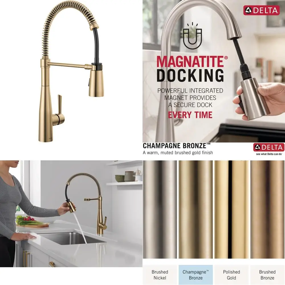 

Brushed Gold Delta Essa Pro Commercial-Style Pull-Down Spray Kitchen Faucet with Single Hole Sink Mount