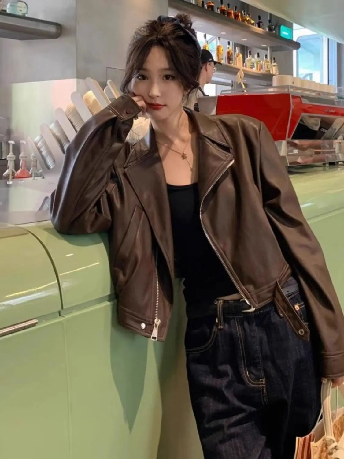 Early Autumn Motorcycle Jacket Women's PU Leather Lace Patchwork Dress Set Asymmetrical Commute Style Zipper Loose Fit Long S...
