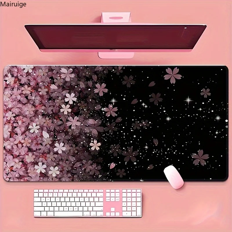Alas tikus bunga sakura merah muda besar alas keyboard rumah dan kantor anti-selip dasar karet hitam aksesori gaming