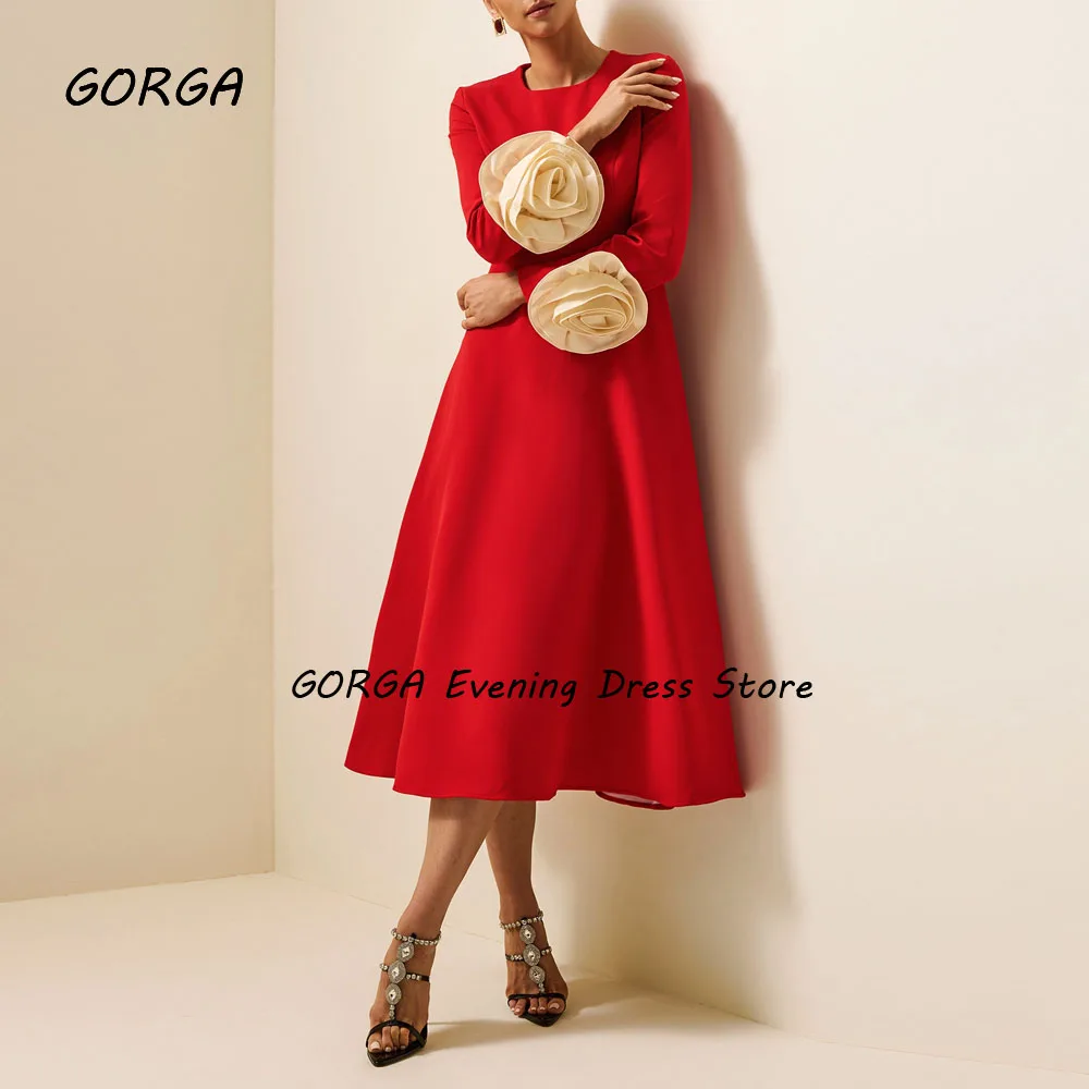 GORGA-vestido de fiesta rojo de crepé con cuello redondo, corte en A, ajustado, manga larga con flores, vestido para ocasión, vestido de noche Formal hasta el té, 2024