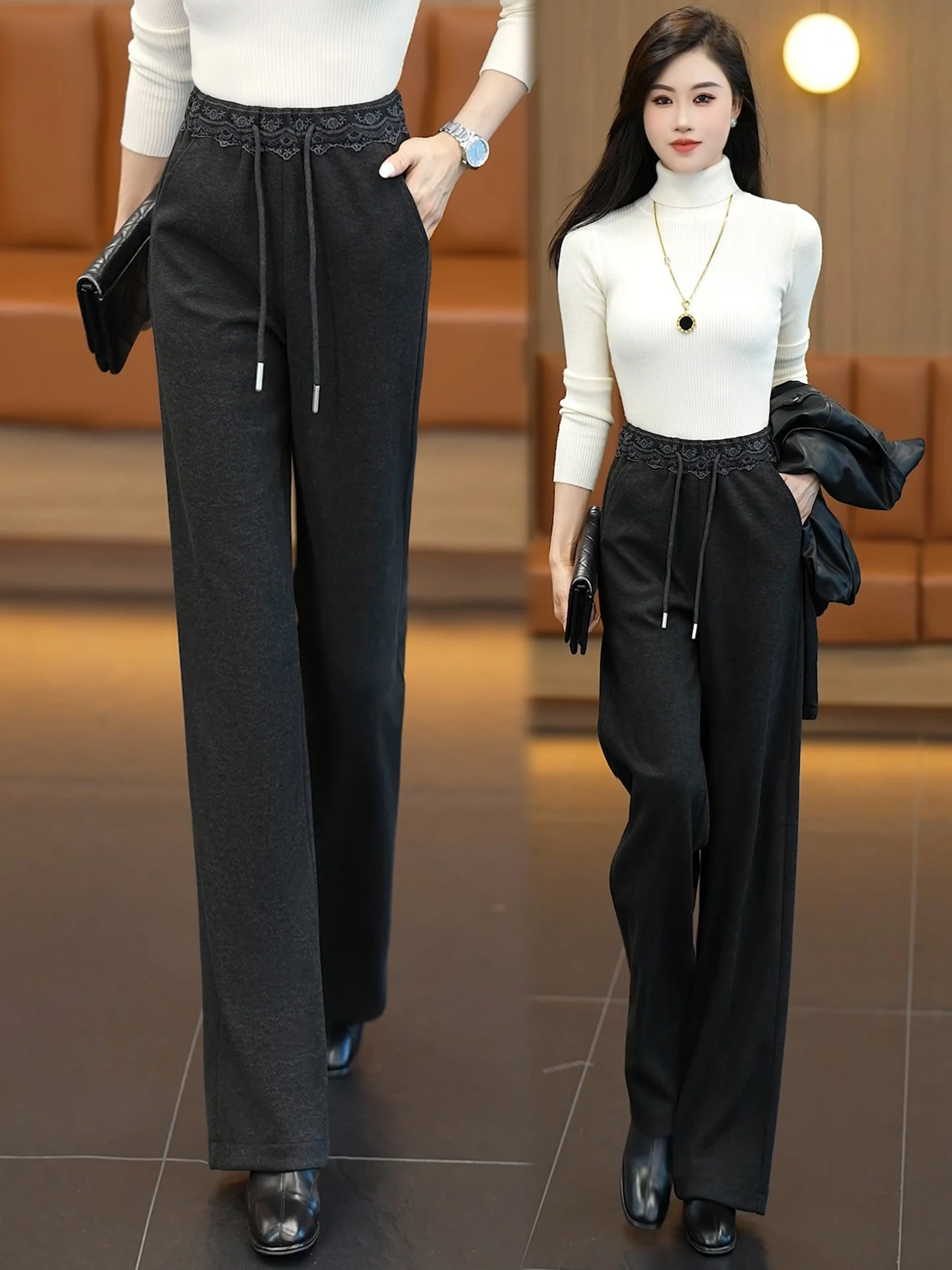 

High Waist Wide Leg Pants Women's Autumn Winter New Style Loose Fit Drapey Casual Straight Woolen Trousers for Ladies