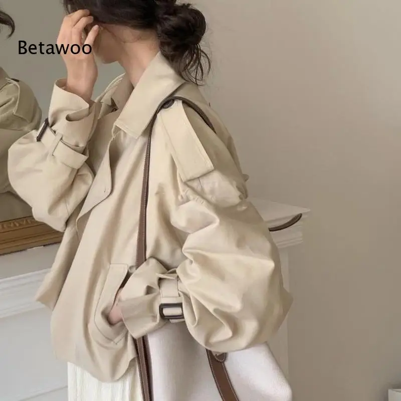 Women Lapel Breasted Cropped Trench Coat Shoulder Strap Decor Cuff Buckle Loose Short Windbreaker Outerwear for Daily