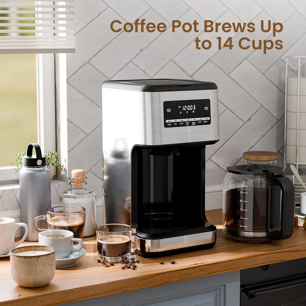 

Programmable Drip Coffee Maker 14 Cup with Reusable Filter Auto Pause Glass Carafe-for Home, Stainless Steel