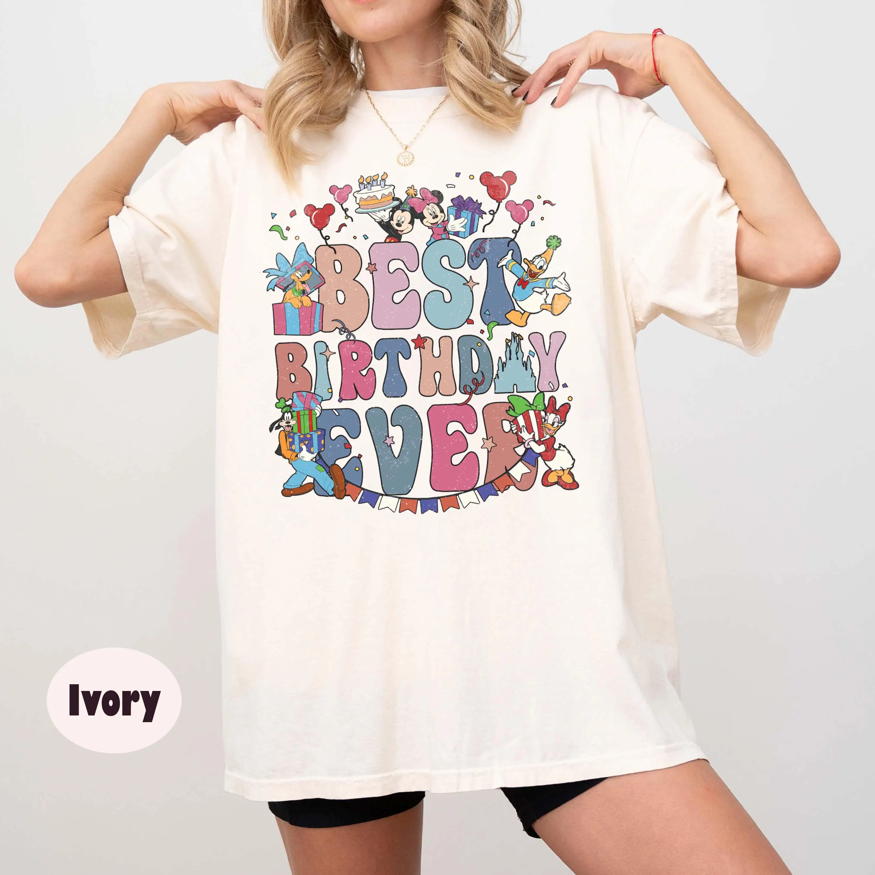 

Women‘s Disney Mickey Mouse Best Birthday Ever T-Shirt Cotton Short Sleeve Unisex Streetwear Oversized Loose Casual Stylish