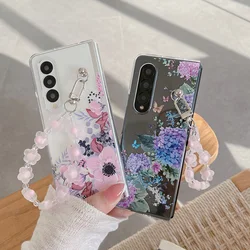 For Samsung Z Fold 4 Case Flower Painted Transparent Folding Phone Case with Bracelet For Samsung ZFold 3 ZFold4 Hard Back cover
