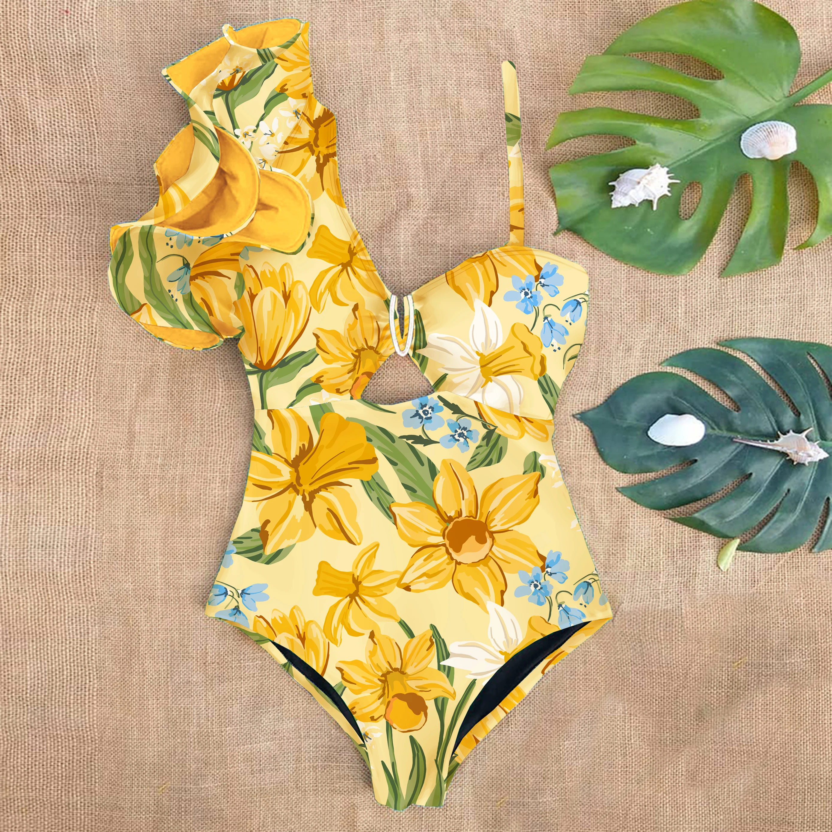 Summer New Ruffle Swimwear Single Shoulder One Piece Swimsuit Women Floral Printed Tropical Beach Bathing Suit