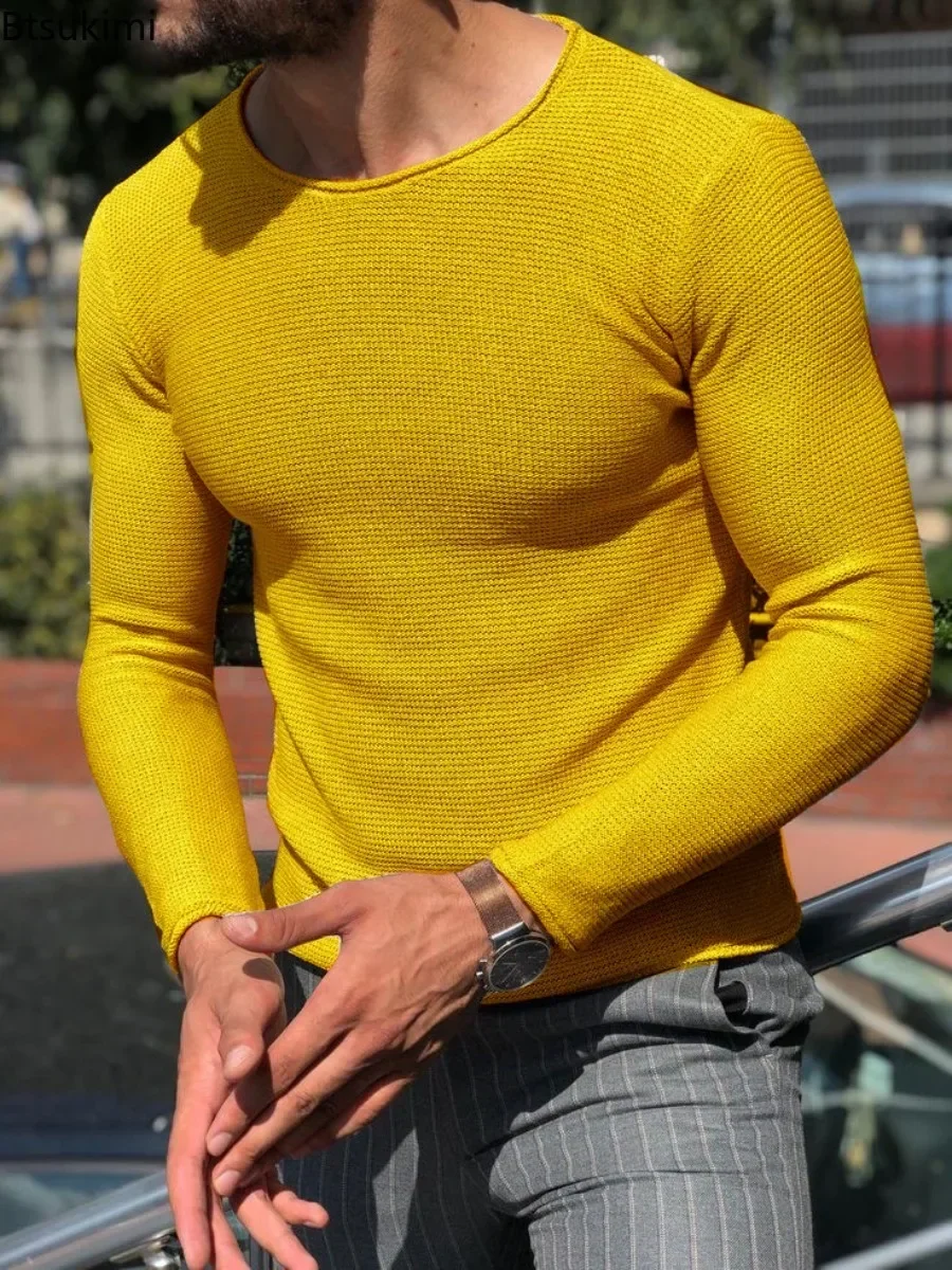 New Spring Men's Casual O-neck Sweater Fashion Solid Slim Long Sleeved Knitted Pullovers Comfy Leisure Tops Knit Sweater for Men