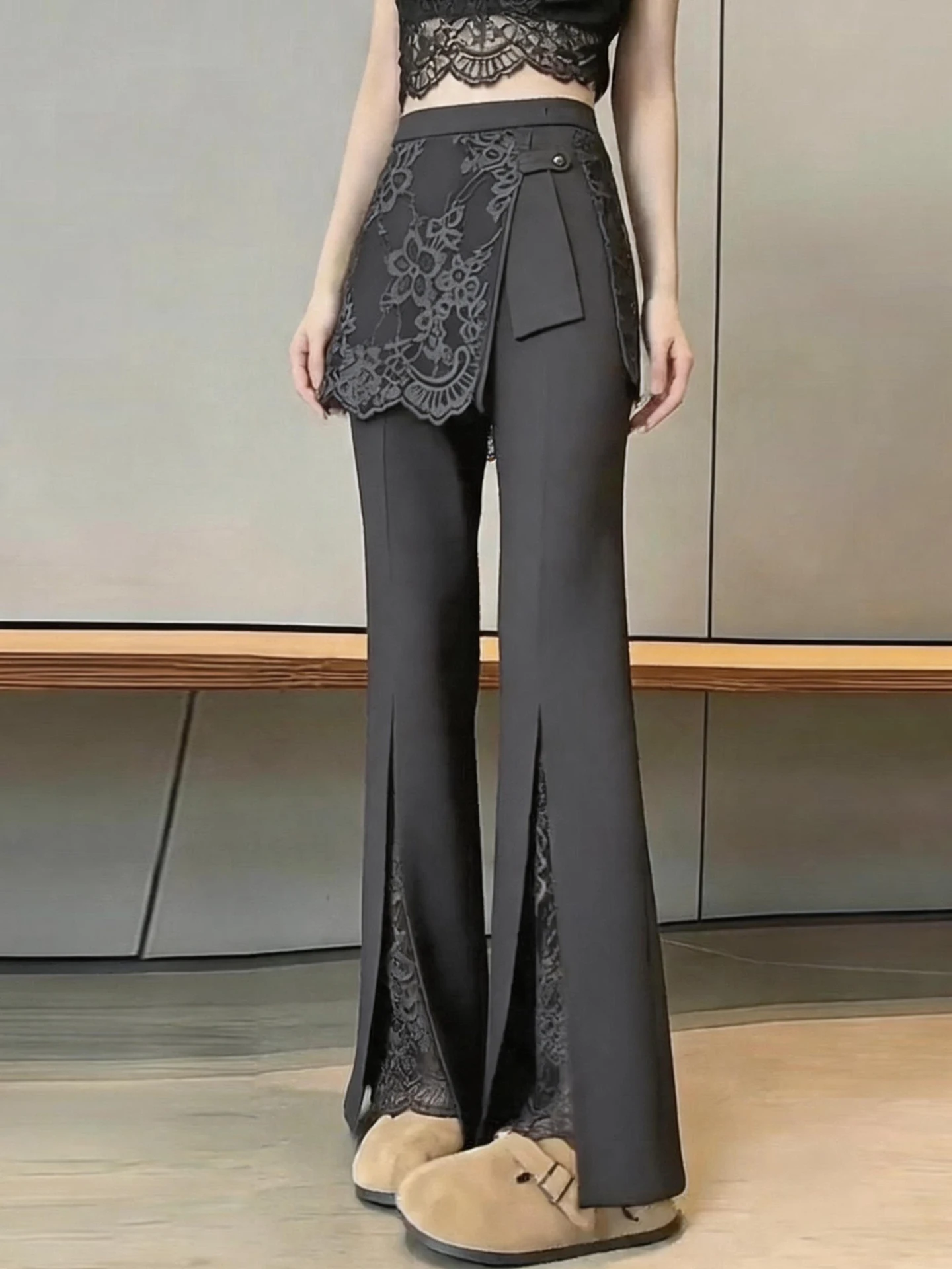 Slimming Lace Patchwork Micro Flared Pants Women's Casual Trousers High Waist Zipper Closure Polyester Fiber Asymmetrical Design